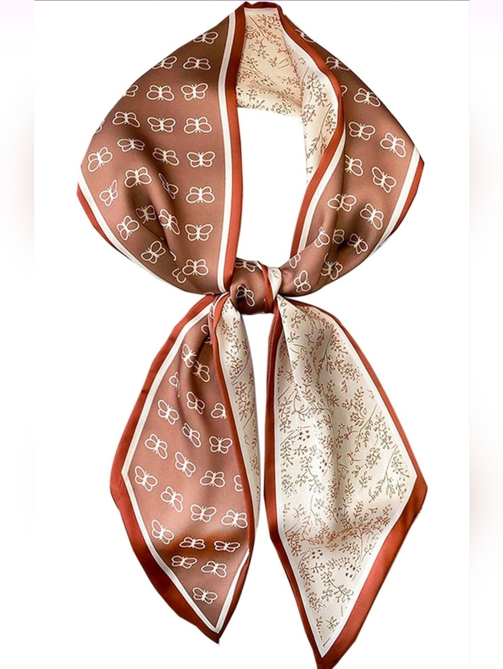 NWT Butterfly Botanical Floral Satin Twilly Scarf Earthy Brown & Cream 60" × 5"